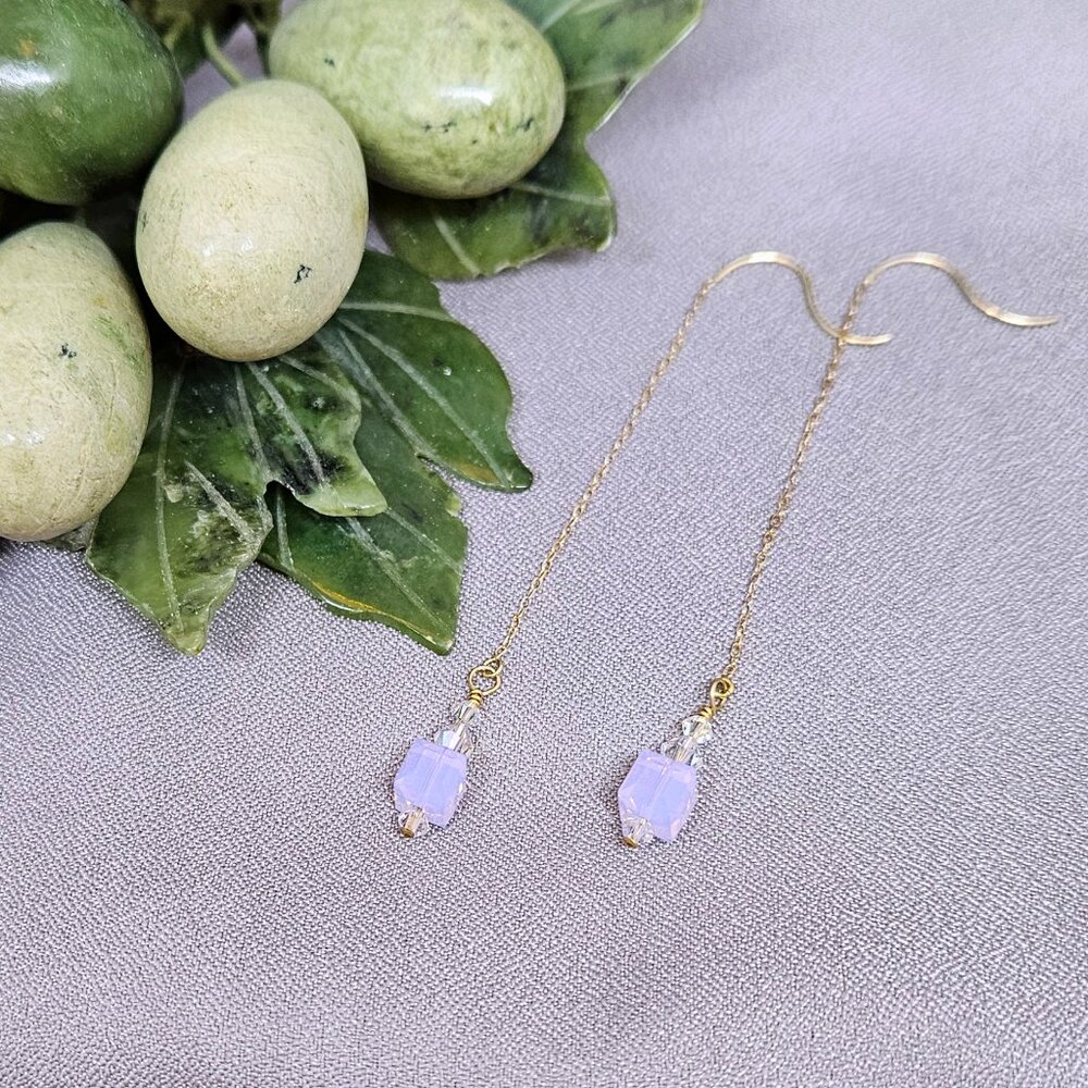 NWOT Earrings of Violet Crystal Cubes on 14k Gold Filled Threads, Handmade